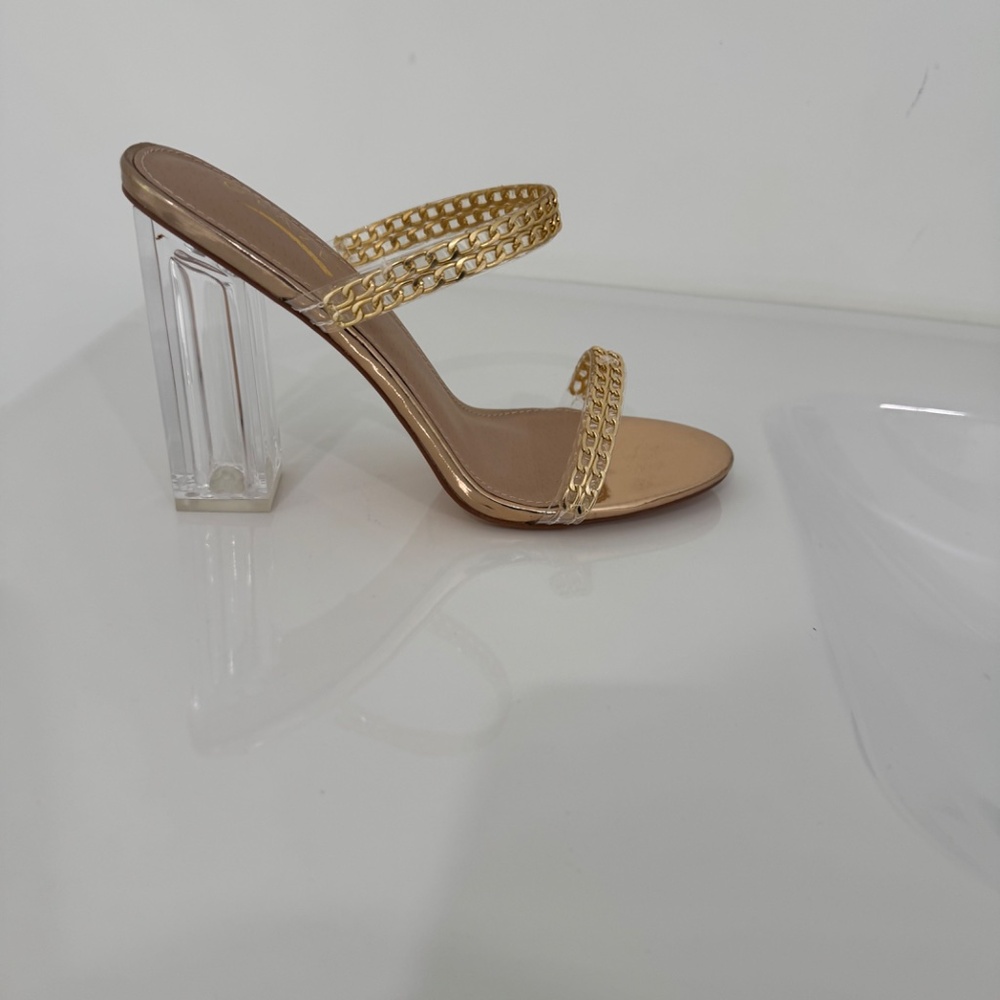 Glaze Element-2 Rose Gold Chain Strap Clear Heel Sandals Women’s Size 7 NWB - Picture 2 of 3